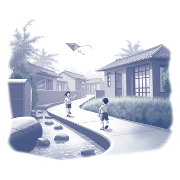 A narrow village path in China with water flowing over, children playing in the distance