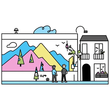 A large wall featuring a vivid street art mural in a Grenoble neighborhood. The mural consists of abstract shapes and bright colors, including splashes of blue, red, and yellow. It showcases a detailed depiction of a mountain landscape, incorporating elements like trees and clouds. A few people are standing nearby, admiring the artwork. The background includes quaint buildings typical of the Grenoble architecture, with balconies and flowers. The scene captures a sunny day with clear skies.