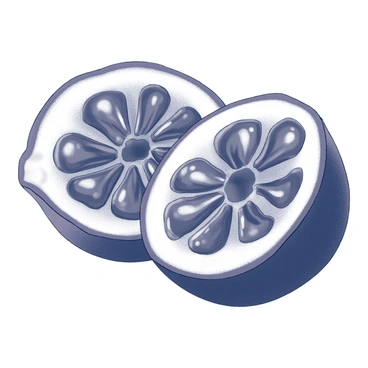 A close-up view of a sliced passion fruit. The fruit is halved, showcasing its vibrant, juicy interior filled with numerous black seeds. The fleshy pulp is glistening, indicating its freshness and juiciness. The outer skin of the fruit has a textured surface, contrasting with the smooth, gelatinous texture of the pulp. Each seed is distinct and shiny, reflecting light. The overall composition highlights the intricate details of the passion fruit, focusing on the contrast between the skin and the interior.