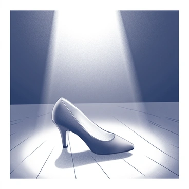 A pair of elegant dancing shoes placed center stage. The shoes are positioned on a polished wooden floor, reflecting the soft light. A subtle spotlight shines down on the shoes, creating a delicate halo effect around them, while the surrounding area remains dimly illuminated. The atmosphere exudes a sense of anticipation and magic, hinting at the performance yet to come.