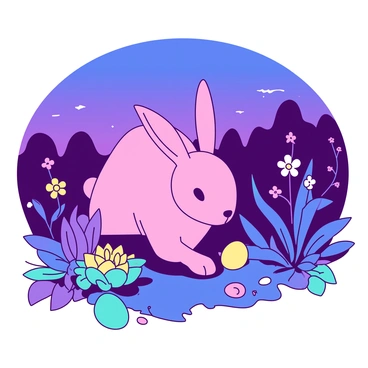 A pink bunny with long ears is hopping through a twilight garden filled with various flowering plants. The garden is illuminated by soft, glowing Easter eggs in shades of teal and yellow, scattered among the leaves and petals. The bunny's nose is twitching as it sniffs around, searching intently for the hidden treasures. The sky above is a deep blue, transitioning into a vibrant purple as the sun sets, casting gentle shadows throughout the garden.