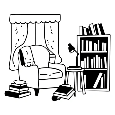 A spacious reading nook featuring a large, comfortable armchair positioned next to a small wooden side table. Stacks of books are placed haphazardly on the floor and the table, indicating a well-read collection. A tall bookshelf filled with more books stands against the wall, with a few titles displayed facing outward. A soft throw blanket is draped over one arm of the armchair, and a warm lamp is perched on the table, casting a gentle light over the scene. A window with sheer curtains allows natural light to filter in, suggesting a peaceful atmosphere for reading.