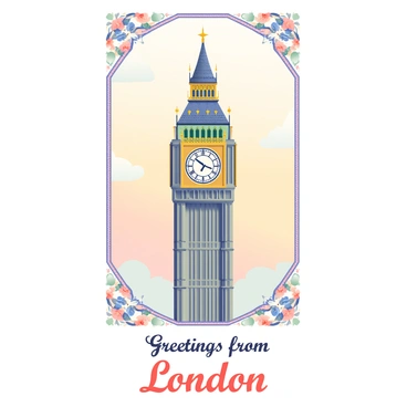 A vintage-style postcard featuring Big Ben with ornate borders
