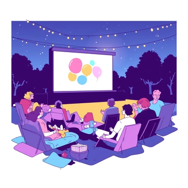 A large outdoor screen displaying a vibrant film is set up in a park. Numerous people are seated on colorful blankets and folding chairs, eagerly watching the movie. Some viewers are laughing, while others are intently focused on the screen. Soft, warm lights are strung above, creating a cozy atmosphere. In the foreground, several people are enjoying snacks, such as popcorn and candy. The scene captures a lively film festival vibe under a starry night sky.