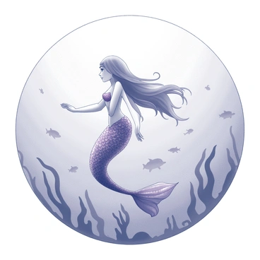 A mermaid is swimming gracefully in a clear ocean. Her long hair flows behind her, creating a beautiful movement in the water. The tail features intricate scales that glimmer with the appearance of amethyst, catching the light as she glides. Surrounding her are various marine plants and small fish, adding life to the underwater scene. The surface of the ocean reflects light in a gentle way, enhancing the clarity of the water.