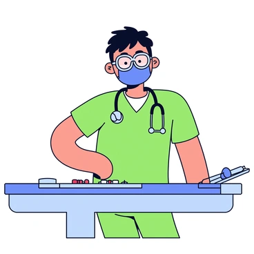 A doctor standing confidently in a bright, sterile operating room. The doctor is wearing a blue surgical mask that covers their mouth and nose, and clear goggles that protect their eyes. The doctor's scrubs are a vibrant shade of green, and they have a stethoscope draped around their neck. They are positioned next to a surgical table, with various medical instruments neatly arranged on a nearby tray. The lighting in the room is bright and clinical.