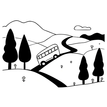 A double-decker bus is ascending a steep hillside road. The bus is detailed with windows and a classic design. Tall trees line the road, and there are rolling hills visible in the background. The sky showcases a gradient of clouds, and a winding road can be seen trailing off into the distance. Small wildflowers dot the hillside, adding interest to the landscape.