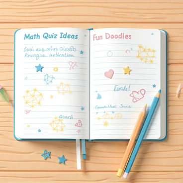 A notebook, open and resting on a wooden table, filled with colorful doodles and quiz ideas written in vibrant ink. The pages are covered with sketches of stars, hearts, and abstract patterns in shades of blue, yellow, and red. Neat lines separate different sections, each labeled with titles like "Math Quiz Ideas" and "Fun Doodles." Some doodles are simple, while others are more intricate, showcasing creativity. A few pencils, in assorted colors, are scattered nearby, complementing the lively appearance of the notebook.