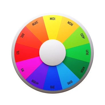 A traditional color wheel with twelve distinct sections, displaying a spectrum of colors. Each section is labeled with its respective color name. The wheel is circular in shape, with vibrant hues ranging from red to violet, transitioning smoothly between colors. The outer edge of the wheel is clearly defined, showcasing the sharp contrast between each color. The background is plain to highlight the color wheel, ensuring the vibrant colors stand out prominently.