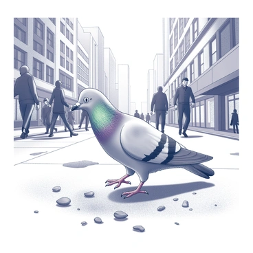 A pigeon is pecking at crumbs scattered on a busy city sidewalk. The bird has gray feathers with a distinctive iridescent sheen on its neck. Surrounding the pigeon, there are several pedestrians walking by, some glancing down at the bird. Tall city buildings line the background, and various storefronts can be seen along the sidewalk. The ground is made of concrete, and there are patches of dirt mixed in with the crumbs. A few leaves are also scattered around, contributing to the urban setting.