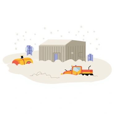 An icy arctic station with a large, rectangular building made of gray metal, set against a white landscape. The station is surrounded by deep, powdery snow that blankets the area. Snow-covered equipment such as a weather station and fuel tanks are scattered around, partially obscured by white drifts. A hidden rescue vehicle, resembling a rugged snowcat, is partially buried in the snow, with only its tracks and part of its bright orange body visible. Flurries of light snowflakes are falling gently from the gray sky above.