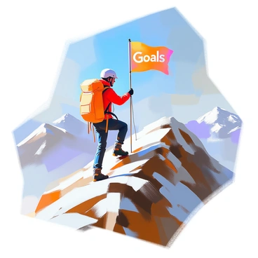 A climber with a determined expression, wearing a bright red jacket and a helmet, is ascending a steep mountain trail. The rugged terrain is covered with rocky outcrops and patches of snow. As the climber reaches the summit, a flag is planted firmly in the ground, fluttering in the wind. The flag is prominently labeled with the word "Goals" in bold, white lettering. In the background, a vast expanse of blue sky and distant peaks can be seen, emphasizing the grandeur of the mountain landscape.