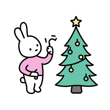 A rabbit character, resembling Miffy, is standing beside a Christmas tree. The tree is adorned with colorful ornaments and twinkling lights. Miffy is holding a string of lights in one hand, while reaching up with the other hand to place them on the tree. The tree is set against a simple background, emphasizing the holiday spirit.