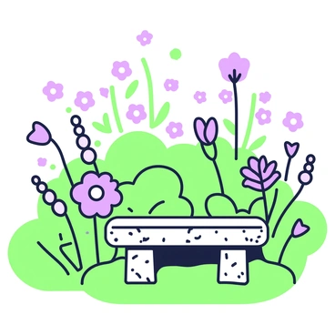 A peaceful garden features a small stone bench positioned on a patch of green grass. The bench is made of textured stone, with a smooth surface and rounded edges. Surrounding the bench are numerous blooming flowers in various shapes and sizes, creating a vibrant display. The flowers include tall stems with clustered blossoms and shorter, bushy plants with wide petals. Green foliage provides a lush backdrop, framing the scene with a natural setting that invites relaxation. In the background, there are hints of more flowers and greenery, completing the tranquil atmosphere.