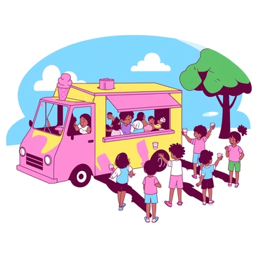 A group of children, with diverse hairstyles and clothing, are excitedly gathering around a bright ice cream truck. The truck is painted in a combination of yellow and pink, featuring large, colorful illustrations of different ice cream cones and popsicles on the sides. The children are reaching out with eager expressions, some holding small empty cups, while others have their hands raised, signaling their desire for a treat. The scene takes place under a clear blue sky with the sun shining brightly, casting soft shadows on the ground. A few trees with green leaves are visible in the background, adding to the lively atmosphere.
