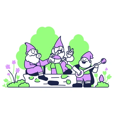 A band of gnomes is gathered in a forest clearing, engaged in a lively musical performance. Each gnome is unique in appearance, with distinct hats and facial features. One gnome is playing a banjo, strumming it with enthusiasm while sitting on a moss-covered log. Next to him, another gnome is blowing into a harmonica, with a joyful expression on his face. In the background, several trees form a natural frame, and patches of wildflowers add a touch of color to the scene. A small group of gnomes is clapping and tapping their feet in rhythm to the music. The atmosphere is filled with harmony and camaraderie among the gnomes as they enjoy their time in the forest.