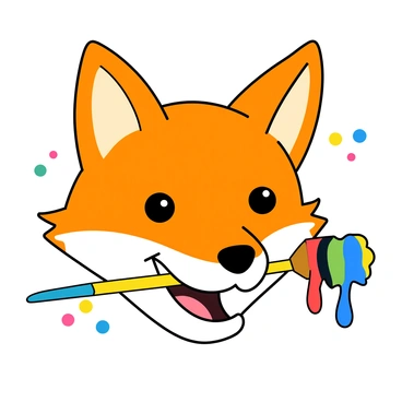 A cartoon-style fox face with bright orange fur and large expressive eyes. The fox has a playful grin, showcasing its creative spirit. In its mouth, the fox is holding a vibrant paintbrush with colorful paint dripping from the bristles. The fox's ears are perked up, indicating enthusiasm and curiosity. Surrounding the fox are splashes of multicolored paint, adding to the artistic theme.