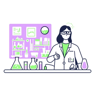 A biochemist is standing at a laboratory bench conducting an experiment. The biochemist is wearing a white lab coat and safety goggles. In front of them, there are several glass containers filled with different chemical compounds, each container displaying distinct shapes. Some of the containers are cylindrical while others are beakers, and they contain liquids in varying levels. The workbench is equipped with various laboratory tools, including a pipette and a stirring rod. Behind the biochemist, there are shelves filled with additional laboratory equipment and labeled storage boxes. A digital display screen behind the biochemist shows data and a graph related to the experiment.