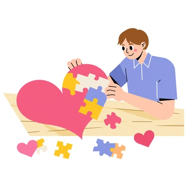 A person with short brown hair is focused on placing a colorful puzzle piece into a large heart-shaped jigsaw. The heart is made up of various vibrant pieces in shades of red, pink, and white, symbolizing love and connection. The person is wearing a light blue shirt and has a look of concentration on their face. There are several scattered puzzle pieces around them on a wooden table, showcasing different patterns and colors that complement the heart shape. A warm light illuminates the scene, creating a cozy atmosphere.