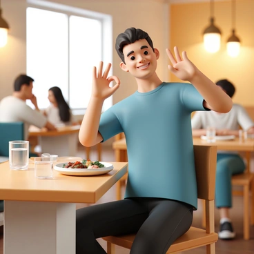 A person, wearing a blue shirt and black jeans, is sitting at a wooden table in a restaurant. They are smiling and giving an "okay" sign with their right hand. In front of them, there are plates of food and a glass of water. The restaurant has warm lighting, and there are other diners in the background engaged in their conversations. The overall atmosphere appears lively and welcoming.