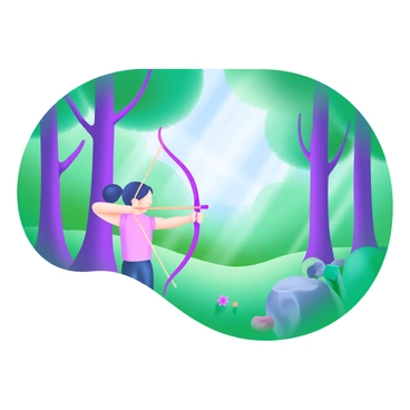A modern pastel illustration showcasing a lush green forest filled with tall trees. In the foreground, a bowman stands poised, aiming with a bow stretched taut, focused on a distant target. The bowman is dressed in a simple outfit, and their expression shows concentration. Sunlight filters through the leaves, casting dappled light on the forest floor, which is scattered with small rocks and wildflowers. In the background, a clear blue sky is visible through the tree canopy.