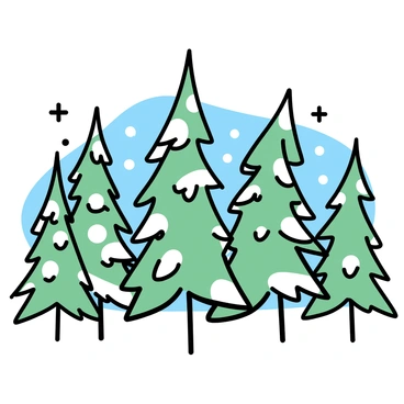 A dense pine forest with tall, green pine trees extending upward. The trees are covered in a thick layer of white frost and snow, creating a winter wonderland atmosphere. The forest floor is blanketed in a soft, white layer of snow, and a few snowflakes are gently falling from the sky. The branches of the trees sag under the weight of the snow, forming a beautiful contrast against the blue sky visible through the gaps in the tree canopy.