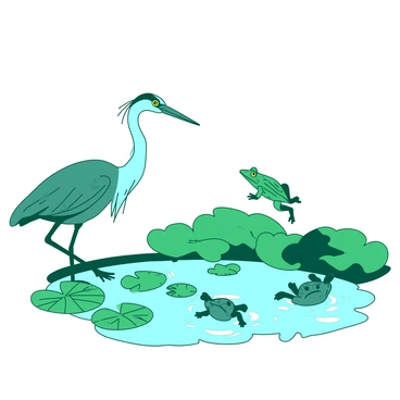 A heron observing frogs jumping in a pond filled with lily pads.