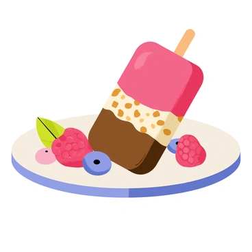 A gourmet popsicle with a smooth, rich chocolate layer at the bottom, a middle layer filled with chopped nuts, and a vibrant red layer of mixed berries at the top. The popsicle is resting on an elegant white plate adorned with a delicate blue rim. Surrounding the plate are scattered fresh berries, including raspberries and blueberries, adding pops of color to the presentation. The background features soft, blurred pastel colors to highlight the gourmet popsicle as the main focus.