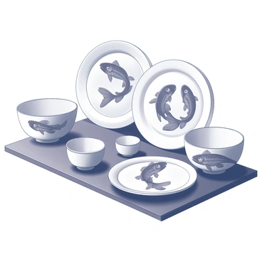 A collection of ceramic plates and bowls arranged neatly on a wooden table. Each piece features intricate designs of carp, with detailed scales and flowing fins. The plates vary in size and shape, some round and others oval. The bowls have a smooth, rounded form, and they complement the plates with matching carp motifs. The overall arrangement showcases a harmonious blend of shapes and patterns, inviting attention to the craftsmanship of the ceramics.