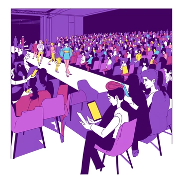 A colorful fashion show takes place in a large venue filled with rows of elegant chairs. Attendees are seated, wearing stylish outfits in various shades. Some people are focused on their smartphones, sending text messages to one another. Each screen glows in the dim light, reflecting the excitement of the event. On the runway, models walk confidently, showcasing unique and vibrant designs. The audience looks engaged, some smiling and nodding in approval as they text their compliments. The atmosphere buzzes with energy as fashion and communication blend seamlessly.