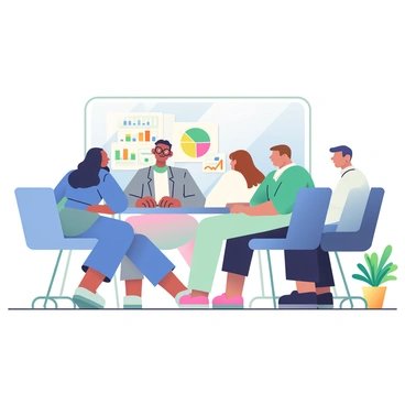 A group of four professionals is gathered around a large rectangular table in an office setting. Two men and two women are present, with one woman having long black hair and wearing a blue blazer, while the other woman has short brown hair and is dressed in a white blouse. One man has glasses and is in a gray suit, and the other man is wearing a black shirt. They are focused on a presentation displayed on a white screen at the front of the room. The screen shows colorful graphs and charts. The room has light wooden floors, white walls, and a large window allowing natural light to enter, illuminating the space. A potted plant is placed in the corner, adding a touch of greenery to the setting.