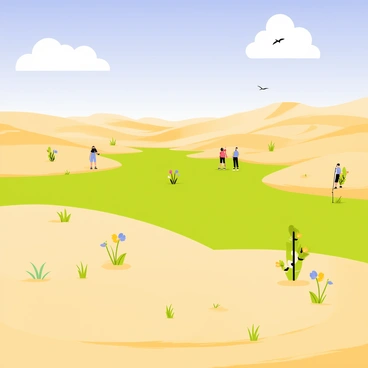 A wide view of a desert landscape with golden sand dunes transitioning into vibrant green fields. In the foreground, small sprouts of green grass are breaking through the sand, while colorful wildflowers are blooming. In the middle ground, a group of people is planting small trees, helping to restore the environment. A clear blue sky overhead with fluffy white clouds accentuates the transformation. In the background, a distant mountain range is visible, with a few birds flying, symbolizing the return of life to the area.