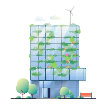 A large modern office building stands prominently, showcasing a sleek glass exterior. Wind turbines are integrated into the roof structure, rotating gently in the breeze. The facade of the building features a vertical garden, abundant with lush green plants and colorful flowers cascading down the sides. Sunlight reflects off the glass windows, highlighting the contrast between the greenery and the urban environment. Below, a pathway lined with small shrubs runs alongside the building, leading to a landscaped area with benches for people to gather.
