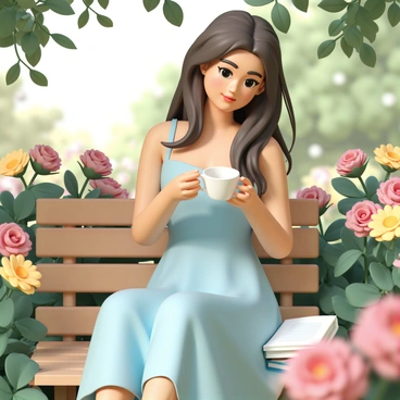 A woman, wearing a light blue sundress, is sitting on a wooden bench in a sunlit garden. She has long, flowing hair cascading over her shoulders. In her hands, she holds a white porcelain cup filled with tea, while a hardcover book rests in her lap. The garden is filled with vibrant flowers, including red roses and yellow daisies, with green leaves surrounding her. Sunlight filters through the trees, casting gentle shadows. The woman has a calm expression, savoring both the tea and a moment of tranquility.