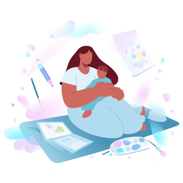 A nurturing mother is sitting on a soft rug, gently holding her child in her arms. The mother is wearing a simple, comfortable dress that flows around her. The child is nestled close, wrapped in a cozy blanket. Surrounding them are various art supplies scattered across the rug, including vibrant colored pencils, a sketchbook with colorful drawings, and a paint palette with splashes of paint. Several brushes lie nearby, and there are sheets of paper filled with creative artwork. In the background, a bright and cheerful atmosphere is created with pastel colors.