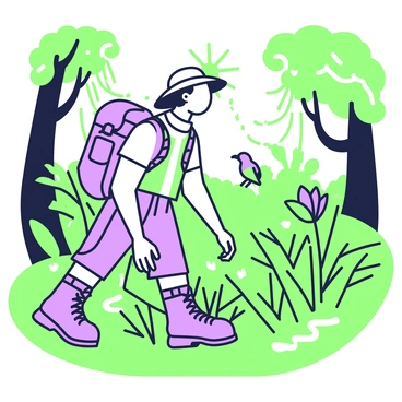 An explorer is seen trekking through a dense jungle. He is wearing a wide-brimmed hat and a rugged shirt, with sturdy hiking boots. On his back, there is a large backpack with multiple straps and pockets. The jungle around him is thick with foliage, featuring tall trees and a variety of green plants. Sunlight filters through the leaves above, casting dappled shadows on the ground. In the background, a few colorful birds can be spotted among the branches, adding to the lively atmosphere of the scene.