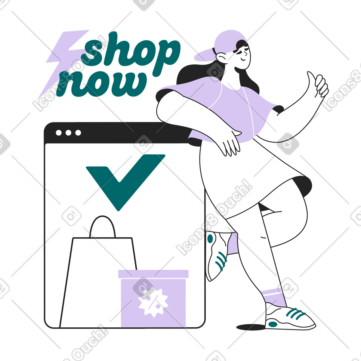 Ilustración Lettering shop now con una chica que compra texto online en estilo Sammy Line a descargar en PNG y SVG