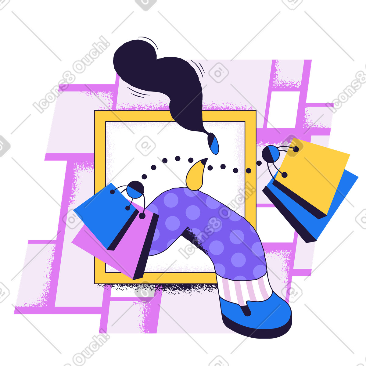 Ilustración Mujer con bolsas de compras caminando por una ventana en estilo Conifer a descargar en PNG y SVG