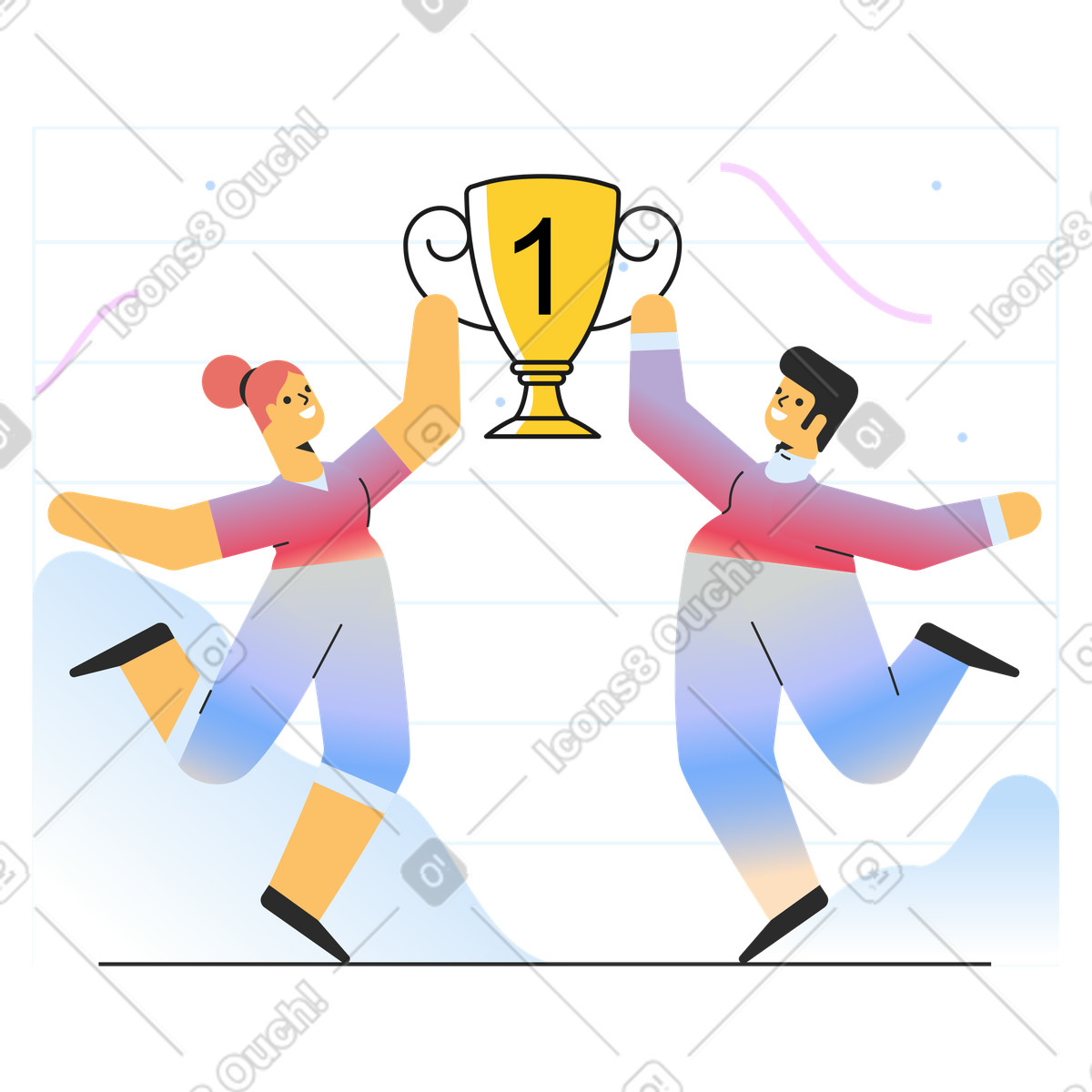 Teammates celebrating with first place trophy, Achievement and teamwork illustration in Marginalia style download in PNG, SVG