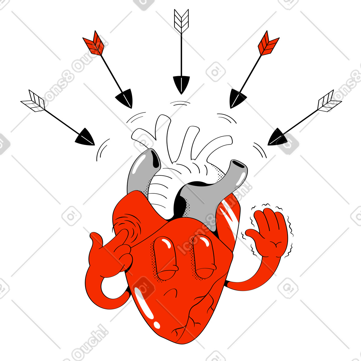 Looney スタイルの 思考の力で矢を止める解剖学的心臓 のイラストをPNG、SVG形式でダウンロード
