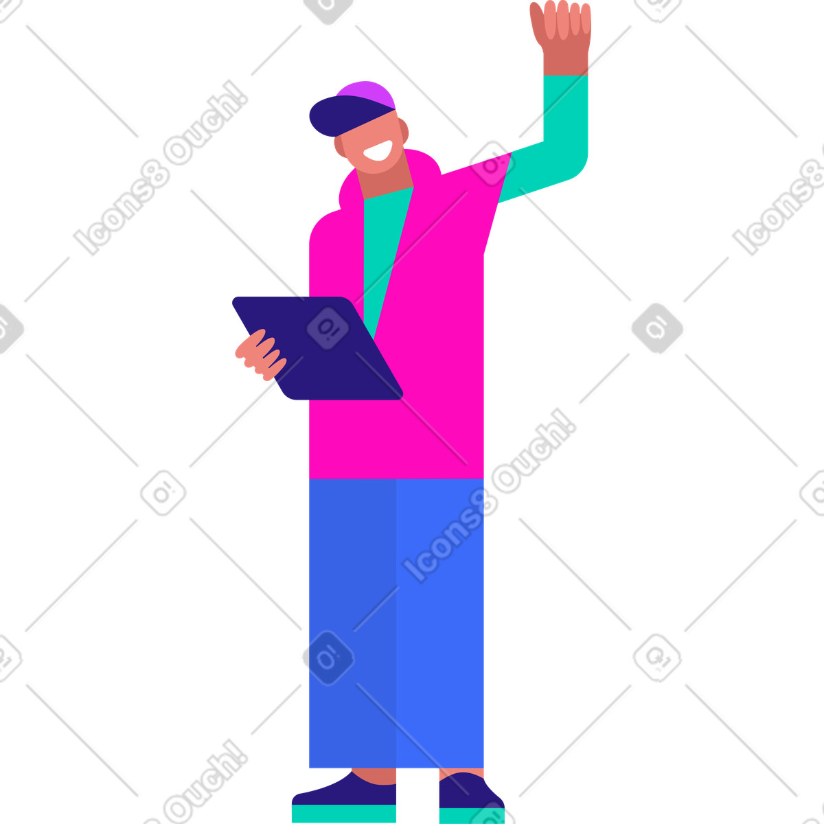 Ilustración Joven feliz con tableta en mano saludando estilo Basic a descargar PNG y SVG