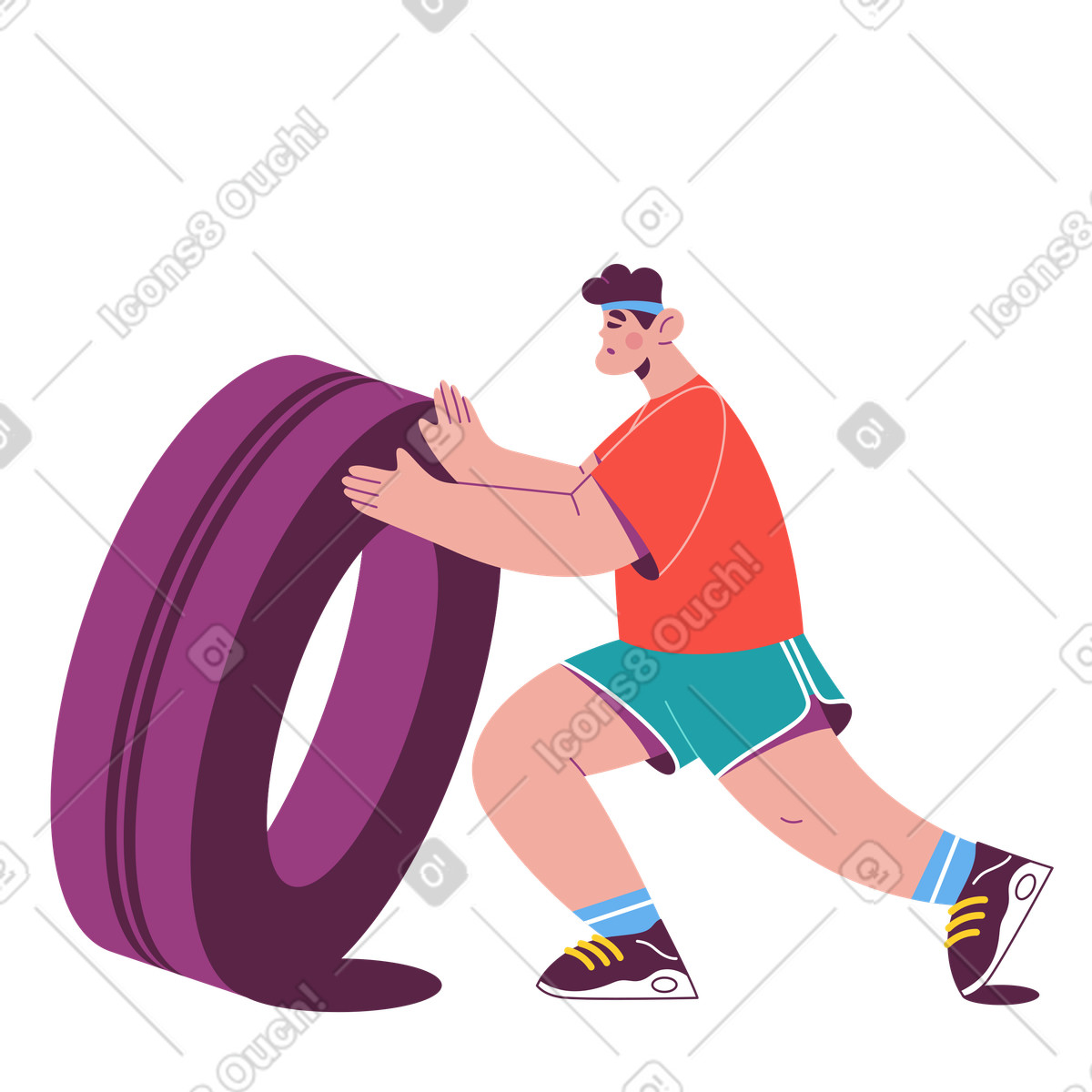 Ilustración Hombre serio volteando un neumático morado en estilo Sammy a descargar en PNG y SVG