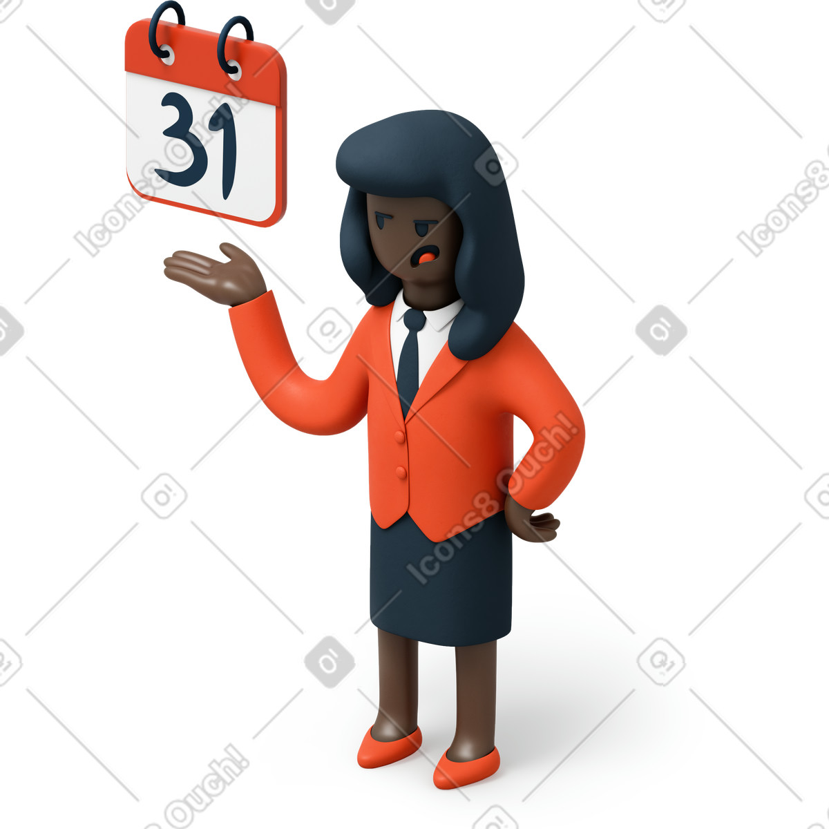 下载 3D Flame 风格的 指向日历的黑人女实业家 插画，支持 PNG、SVG 格式