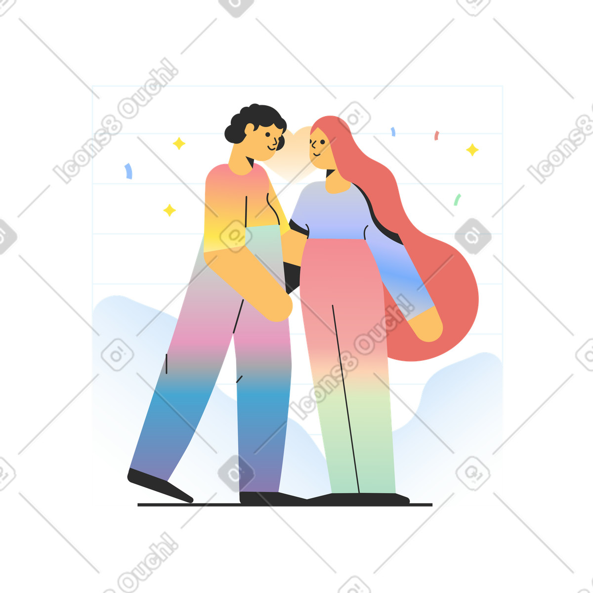 Ilustração de Casal apaixonado e confete em no estilo Marginalia para baixar em PNG, SVG