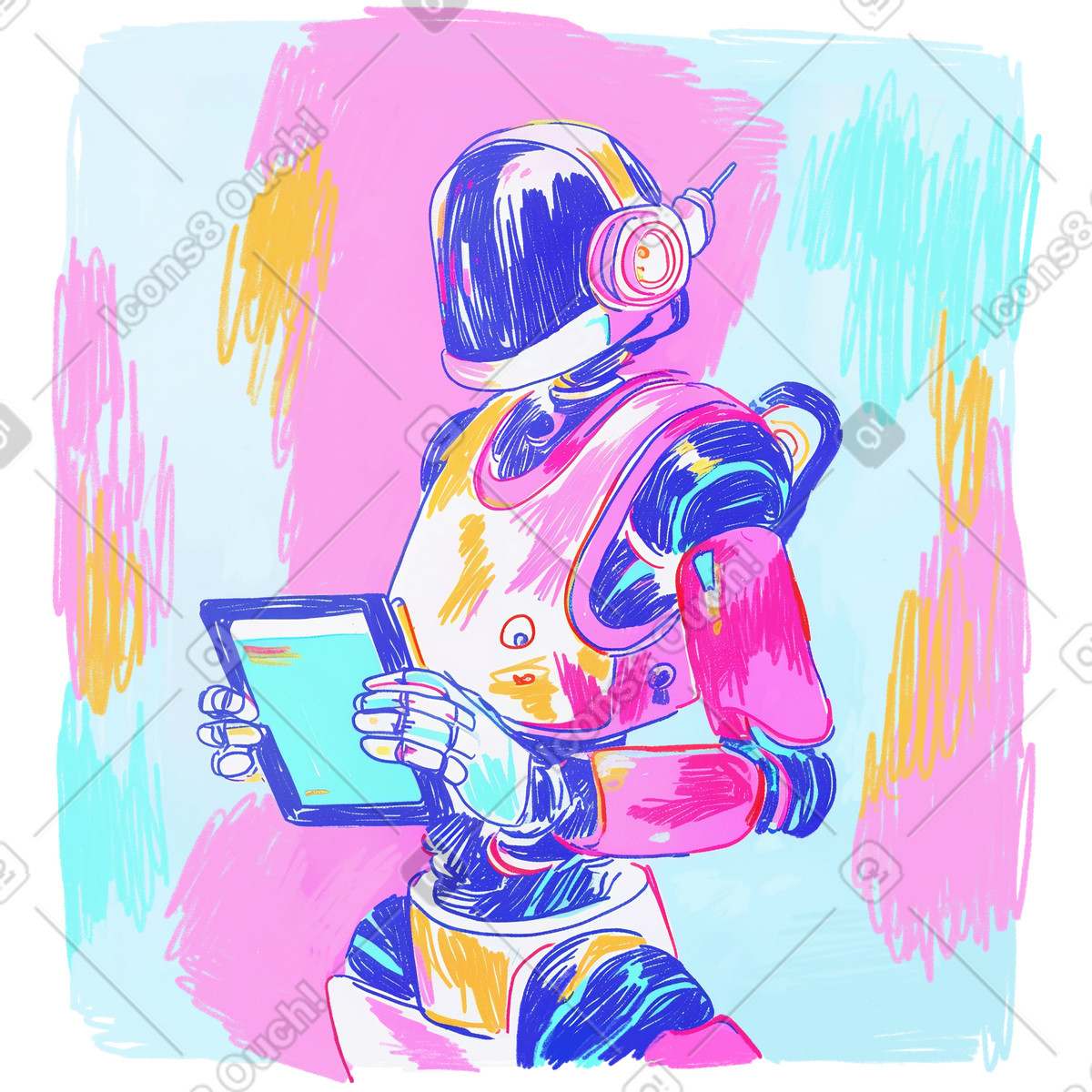 Illustration Robot humanoïde avec tablette, d'assistant d'ia futuriste, concept art technologique coloré dans le style Fuchsia à télécharger aux formats PNG, SVG