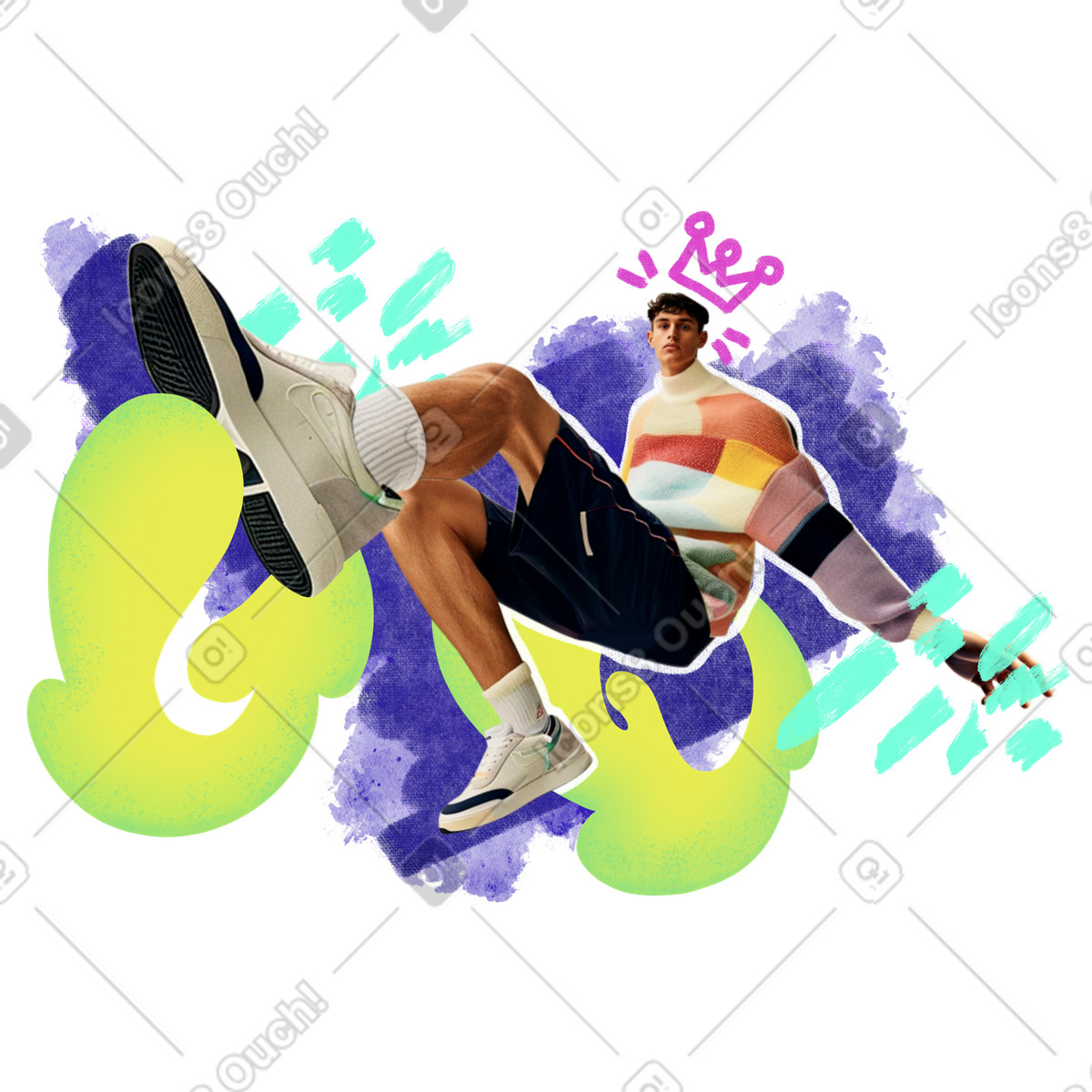 Ilustración Collage abstracto de un joven con ropa urbana moda en estilo Energy a descargar en PNG y SVG