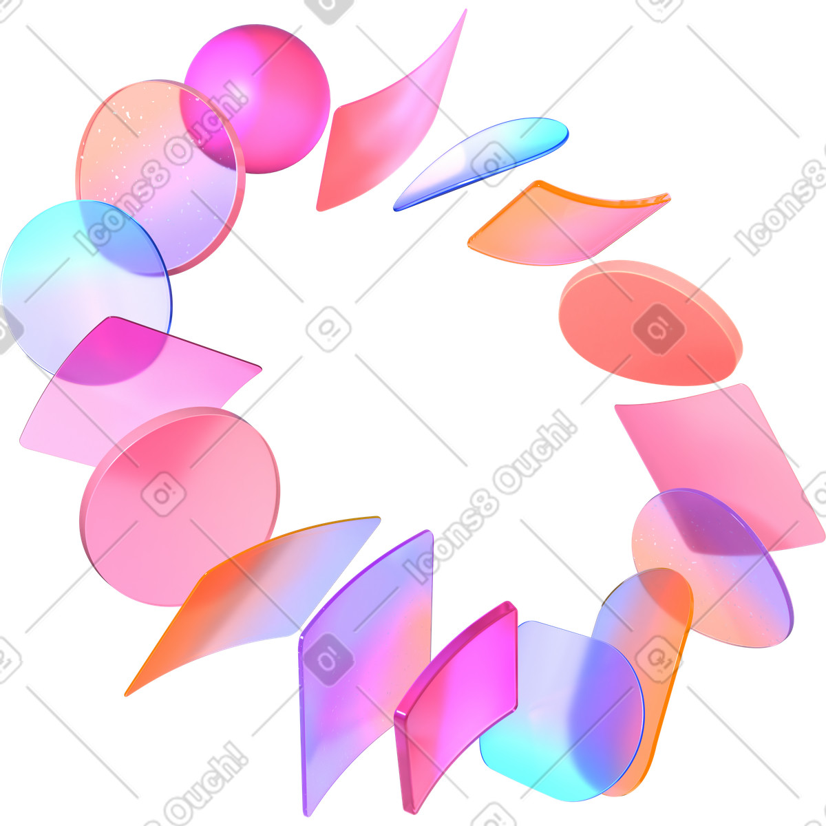 Ilustración animada Composición geométrica de discos, tarjetas y esferas levitantes en estilo 3D Glassy a descargar en GIF, Lottie (JSON), AE