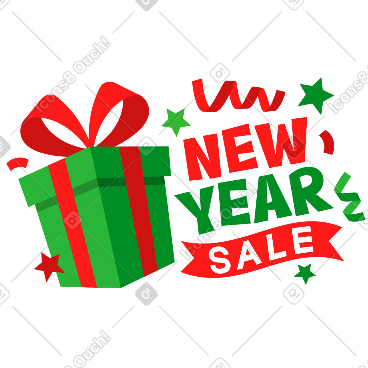 Schriftzug neujahrsverkauf mit geschenkbox-text-Illustration im Lettering-Stil als Download in PNG, SVG