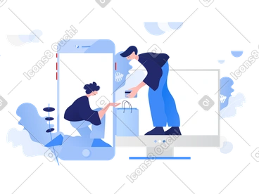 People in gadgets passing a shopping bag via e-commerce PNG, SVG