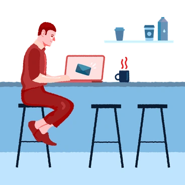 A man sitting at a bar counter using a laptop - Cherry style illustration